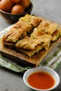 Martabak Telor or Martabak Telur. Savory pan-fried pastry stuffed with egg, meat and spices Royalty Free Stock Photo