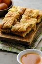 Martabak Telor or Martabak Telur. Savory pan-fried pastry stuffed with egg, meat and spices Royalty Free Stock Photo