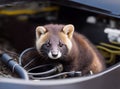 Marten in an engine compartment that has gnawed on cables, generative ai
