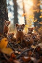 Marten family in the forest with setting sun shining.