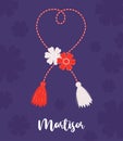 Martenitsa, amulet flowers. Martisor holiday. Red and white thread. Tradition meeting of early spring. Vector holiday