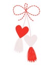 Martenitsa, amulet. Martisor holiday. Red and white heart. Romantic tradition folk symbol made of threads. meeting of