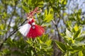 Martenitsa, Baba Marta, Martisor On Green Leaves Tree. Traditional Martisor Symbol of