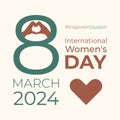 8 Marth 2024 International Women\'s day poster. InspireInclusion postcard with