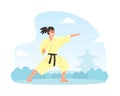 Martial Art Fighter, Asian Man Wearing Kimono Training Outdoors Cartoon Vector Illustration