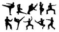 Martial art training male, female silhouettes set. Royalty Free Stock Photo