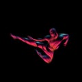 Martial arts abstract karate kick on black background