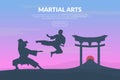 Martial Arts Banner Template with Asian Fighters, Karate, Judo, Taekwondo, Aikido School Website, Homepage Design Vector