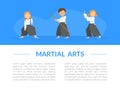 Martial Arts Banner Template with Place for Text and Cute Kids Practicing Aikido in Black and White Uniform Cartoon