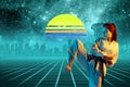 Synth wave and retro wave, vaporwave futuristic aesthetics. Sportsman in glowing neon style. Royalty Free Stock Photo