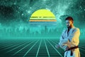 Synth wave and retro wave, vaporwave futuristic aesthetics. Sportsman in glowing neon style. Royalty Free Stock Photo