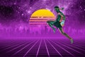 Synth wave and retro wave, vaporwave futuristic aesthetics. Sportsman in glowing neon style. Royalty Free Stock Photo