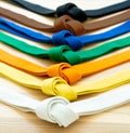 Martial arts colored belts on a wood background. Royalty Free Stock Photo