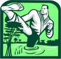 Martial Arts Fighter Kicking Cypress Tree Retro