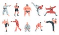 Martial arts fighters. Cartoon warrior characters sparring and training in uniform, traditional fight activity karate