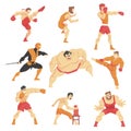 Martial Arts Fighters Demonstrating Different Technique Kicks Set Of Asian Fighting Sports Professional In Traditional