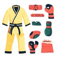 Martial Arts Gear Illustration, Karate Gi, Boxing Gloves, Hand Wraps, and More