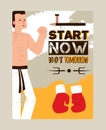 Martial arts motivational poster, karate inspiration typographic card, kickboxing man, vector illustration