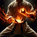 Martial arts pugilist fire energy hands dark background