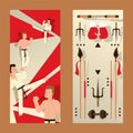 Martial arts vertical banner, karate people, kickboxing man fighter, vector illustration