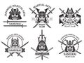 Martial asian labels. Samurai agressive warrior masks and sword katana vector labels logo or tattoo designs