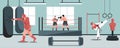 Martial sport club interior. Cartoon fitness gym with sparring ring and punching bag for training workout with muscular