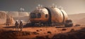 Martian base with habitation modules and scientific equipment with astronauts walking on the planet mars, AI generated, AI