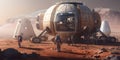 Martian base with habitation modules and scientific equipment with astronauts walking on the planet mars