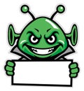 Martian green mascot hold the sign