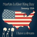 Martin Luther King Day in USA. Vector illustration with an American flag in the form of a map, microphones and a Royalty Free Stock Photo