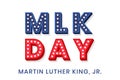 Martin Luther King Jr. decorative dimensional text design with stars. MLK day text template for greeting card, banner or