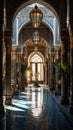 Enchanting Moroccan Grand Entrance Hall with Ornate Architecture and Vibrant Tapestries