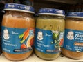 Gerber baby food in a glass jar on a shelf