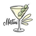 Martini alcohol cocktail with olive. Flat style. Colorful cartoon vector illustration. Isolated on white background Royalty Free Stock Photo