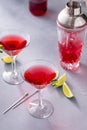 Martini cocktail with cranberry juice garnished with lime twist Royalty Free Stock Photo