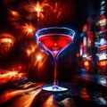 Martini cocktail drink in bar, psychadelic glowing aura light streaks