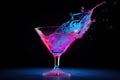 Martini cocktail drink splash with ice cubes in neon iridescent pink and blue colors. AI generated