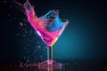 Martini cocktail drink splash with ice cubes in neon iridescent pink and blue colors. AI generated Royalty Free Stock Photo