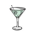 Martini cocktail engraving style hand drawn cartoon vector art illustration. Royalty Free Stock Photo