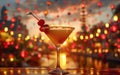 A martini cocktail with garnish on background of festive decorations and city lights,copy space Royalty Free Stock Photo