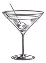 Martini cocktail glass with olive. Hand drawn engraving Royalty Free Stock Photo