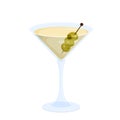 Martini cocktail glass with olives on stick, cold alcohol yellow drink with vermouth