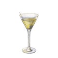 Martini cocktail with olive. Vintage hatching vector