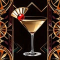 Martini cocktails, alcoholic drinks retro vintage elegant art deco style illustration