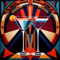 Martini cocktails, alcoholic drinks retro vintage elegant art deco style illustration