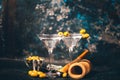 Martini, dry cocktail. Classic martini with olives served cold in restaurant or club. Alcoholic cocktails in local bar Royalty Free Stock Photo