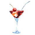 Martini glass with cherry, alcoholic red cocktail with straw, isolated, hand drawn watercolor illustration on white Royalty Free Stock Photo