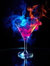 martini glass with colorful alcohol and smoke on black background, burning cocktail with neon glow, generative AI