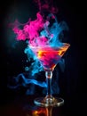 martini glass with colorful alcohol and smoke on black background, burning cocktail with neon glow, generative AI