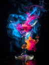 martini glass with colorful alcohol and smoke on black background, burning cocktail with neon glow, generative AI Royalty Free Stock Photo